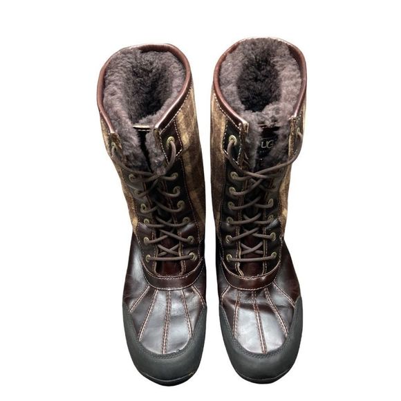 Ugg Australia leather butte shearling lined brown wool plaid snow boots - Picture 2 of 13